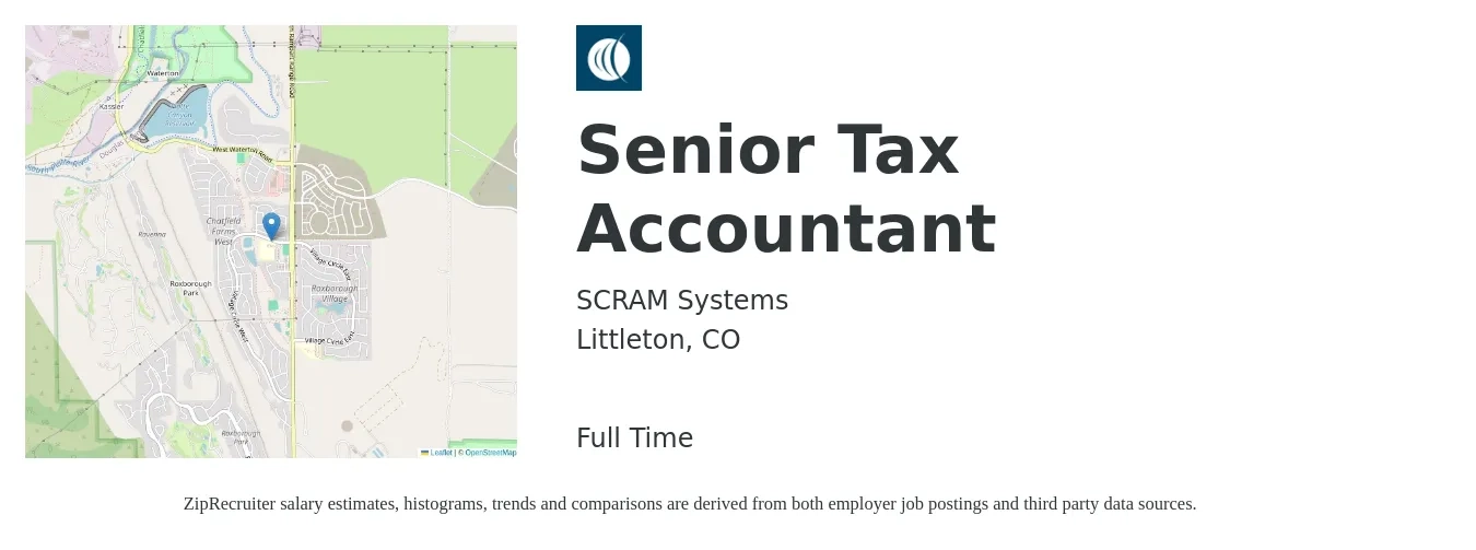 SCRAM Systems job posting for a Senior Tax Accountant in Littleton, CO with a salary of $80,500 to $103,000 Yearly with a map of Littleton location.
