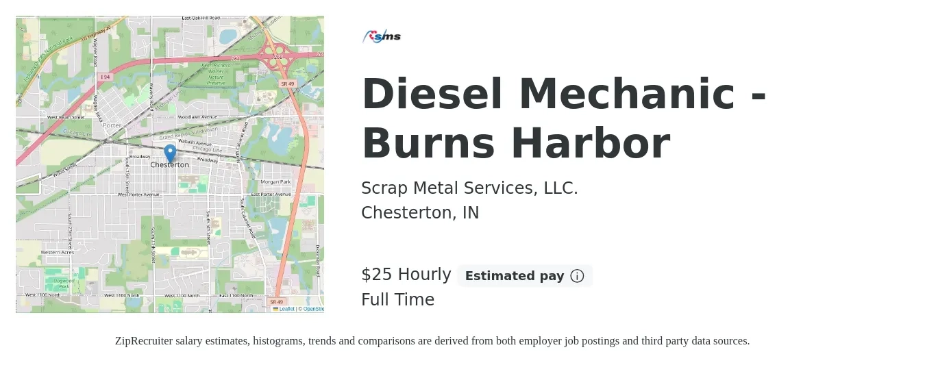 Scrap Metal Services, LLC. job posting for a Diesel Mechanic - Burns Harbor in Chesterton, IN with a salary of $26 Hourly with a map of Chesterton location.