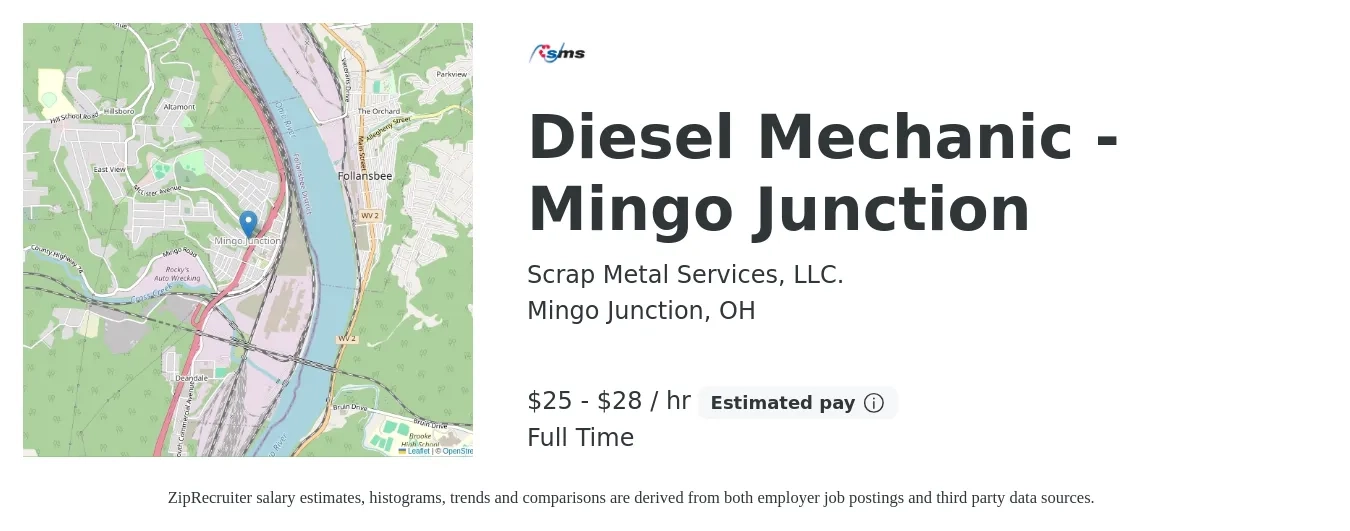 Scrap Metal Services, LLC. job posting for a Diesel Mechanic - Mingo Junction in Mingo Junction, OH with a salary of $26 to $30 Hourly with a map of Mingo Junction location.