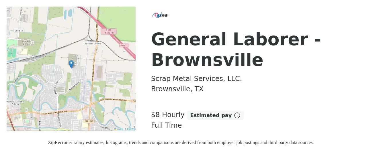 Scrap Metal Services, LLC. job posting for a General Laborer - Brownsville in Brownsville, TX with a salary of $9 Hourly with a map of Brownsville location.