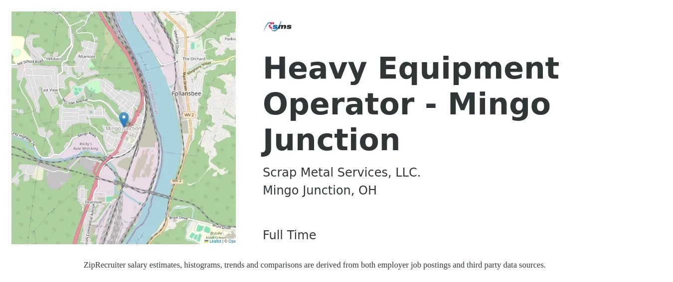 Scrap Metal Services, LLC. job posting for a Heavy Equipment Operator - Mingo Junction in Mingo Junction, OH with a salary of $20 to $27 Hourly with a map of Mingo Junction location.