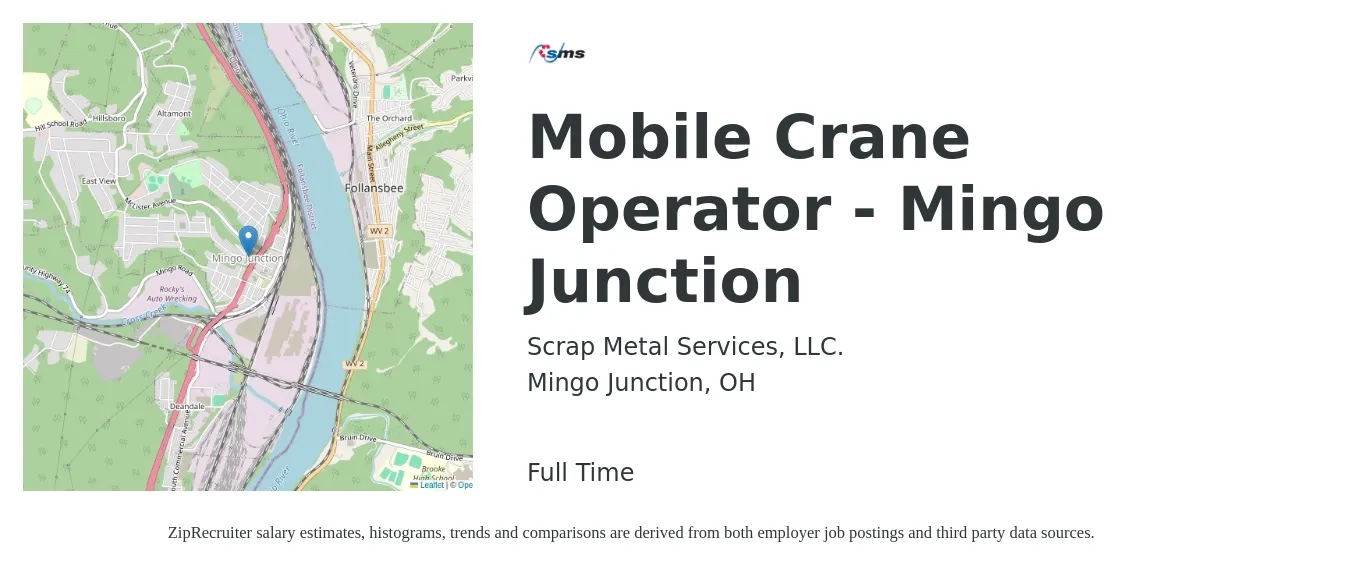 Scrap Metal Services, LLC. job posting for a Mobile Crane Operator - Mingo Junction in Mingo Junction, OH with a salary of $21 Hourly with a map of Mingo Junction location.