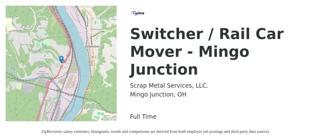 Scrap Metal Services, LLC. job posting for a Switcher / Rail Car Mover - Mingo Junction in Mingo Junction, OH with a salary of $23 Hourly with a map of Mingo Junction location.