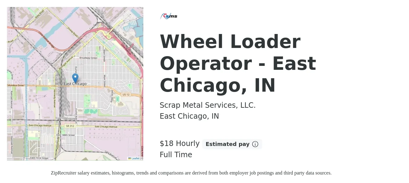 Scrap Metal Services, LLC. job posting for a Wheel Loader Operator - East Chicago, IN in East Chicago, IN with a salary of $19 Hourly with a map of East Chicago location.
