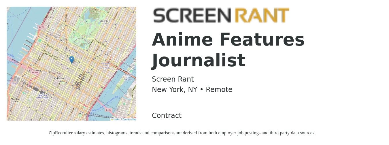 Screen Rant job posting for a Anime Features Journalist in New York, NY with a salary of $39,400 to $86,400 Yearly with a map of New York location.