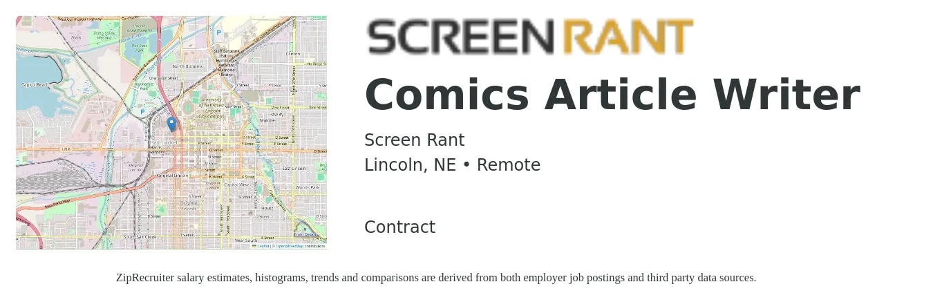 Screen Rant job posting for a Comics Article Writer in Lincoln, NE with a salary of $21 to $42 Hourly with a map of Lincoln location.