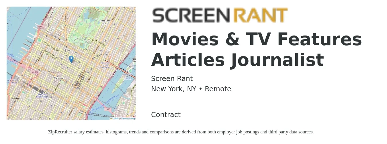 Screen Rant job posting for a Movies & TV Features Articles Journalist in New York, NY with a salary of $39,400 to $86,400 Yearly with a map of New York location.