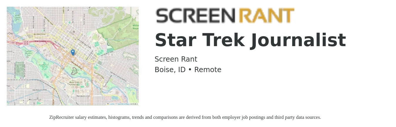 Screen Rant job posting for a Star Trek Journalist in Boise, ID with a salary of $34,300 to $75,200 Yearly with a map of Boise location.