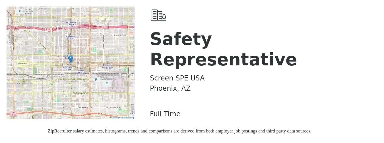 Screen SPE USA job posting for a Safety Representative in Phoenix, AZ with a salary of $25 to $37 Hourly and benefits including life_insurance, medical, retirement, vision, and dental with a map of Phoenix location.
