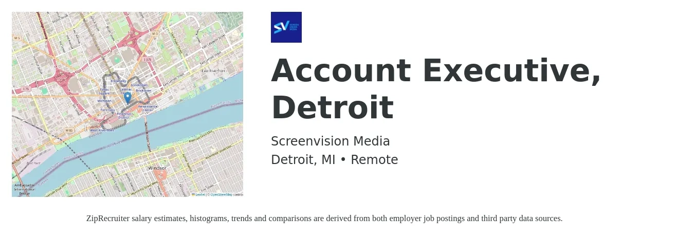 Screenvision Media job posting for a Account Executive, Detroit in Detroit, MI with a salary of $53,500 to $94,000 Yearly with a map of Detroit location.