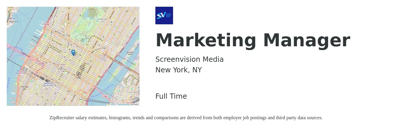 Screenvision Media job posting for a Marketing Manager in New York, NY with a salary of $65,600 to $107,200 Yearly with a map of New York location.