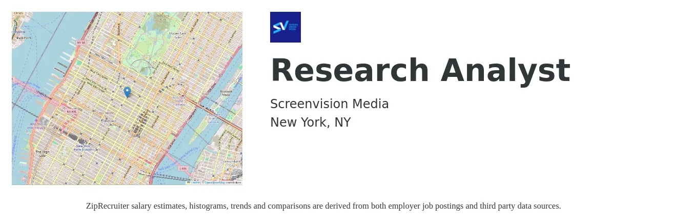 Screenvision Media job posting for a Research Analyst in New York, NY with a salary of $62,400 to $107,800 Yearly with a map of New York location.