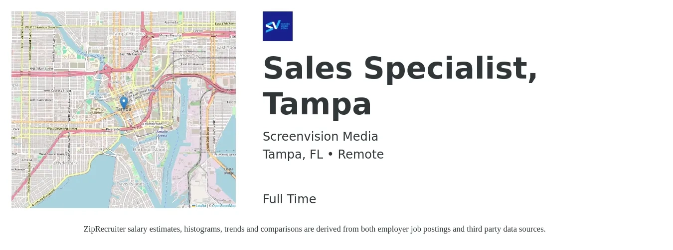 Screenvision Media job posting for a Sales Specialist, Tampa in Tampa, FL with a salary of $43,500 to $72,300 Yearly with a map of Tampa location.
