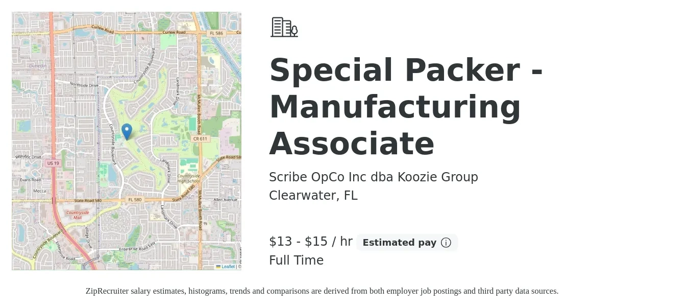 Scribe OpCo Inc dba Koozie Group job posting for a Special Packer - Manufacturing Associate in Clearwater, FL with a salary of $14 to $16 Hourly with a map of Clearwater location.