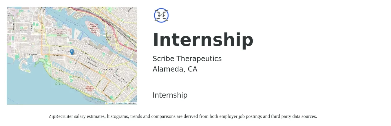 Scribe Therapeutics job posting for a Internship in Alameda, CA with a salary of $15 to $21 Hourly with a map of Alameda location.