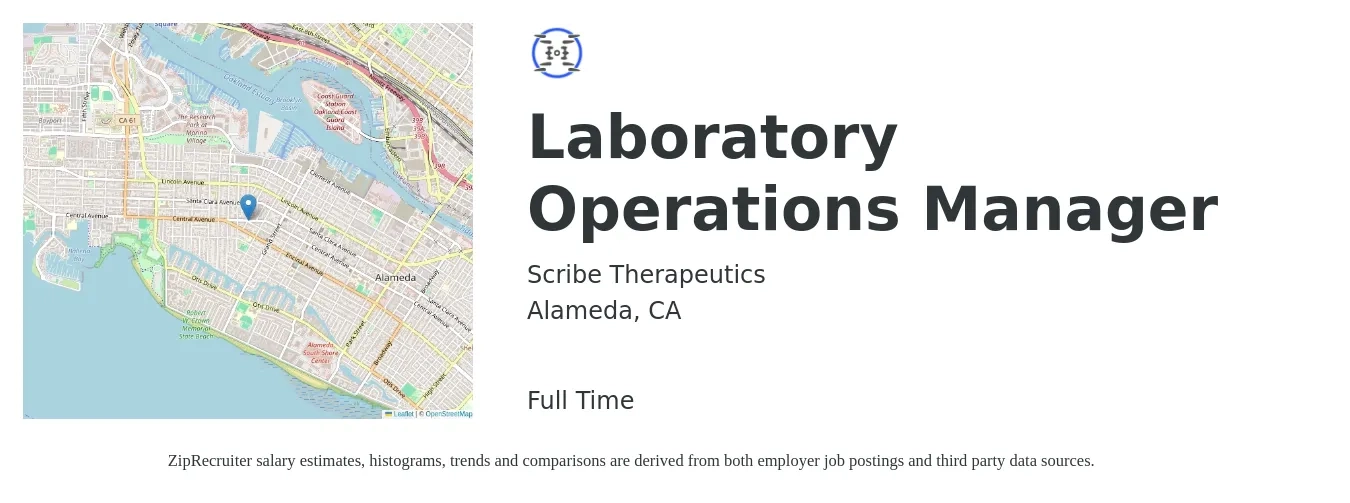 Scribe Therapeutics job posting for a Laboratory Operations Manager in Alameda, CA with a salary of $46,500 to $87,800 Yearly with a map of Alameda location.