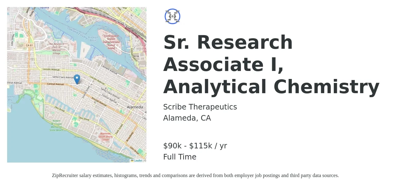 Scribe Therapeutics job posting for a Sr. Research Associate I, Analytical Chemistry in Alameda, CA with a salary of $90,000 to $115,000 Yearly with a map of Alameda location.