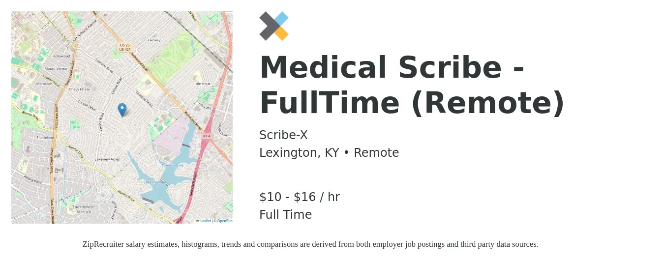 Scribe-X job posting for a Medical Scribe - FullTime (Remote) in Lexington, KY with a salary of $11 to $17 Hourly with a map of Lexington location.