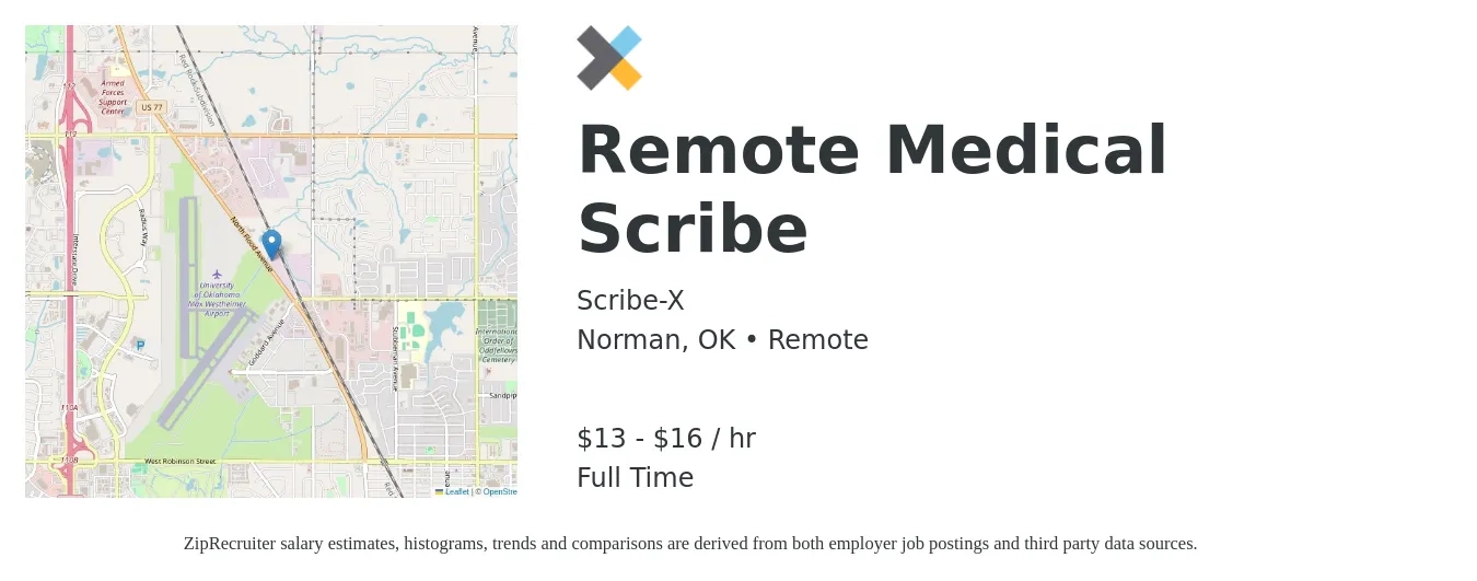 Scribe-X job posting for a Remote Medical Scribe in Norman, OK with a salary of $14 to $17 Hourly with a map of Norman location.