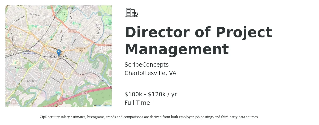ScribeConcepts job posting for a Director of Project Management in Charlottesville, VA with a salary of $100,000 to $120,000 Yearly with a map of Charlottesville location.