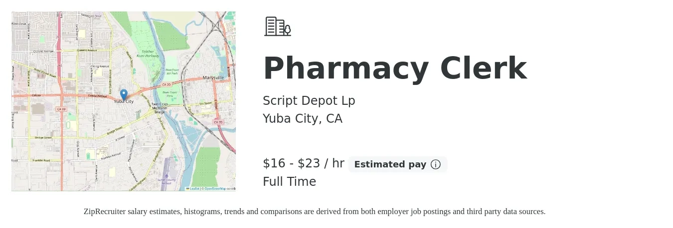 Script Depot Lp job posting for a Pharmacy Clerk in Yuba City, CA with a salary of $17 to $24 Hourly with a map of Yuba City location.