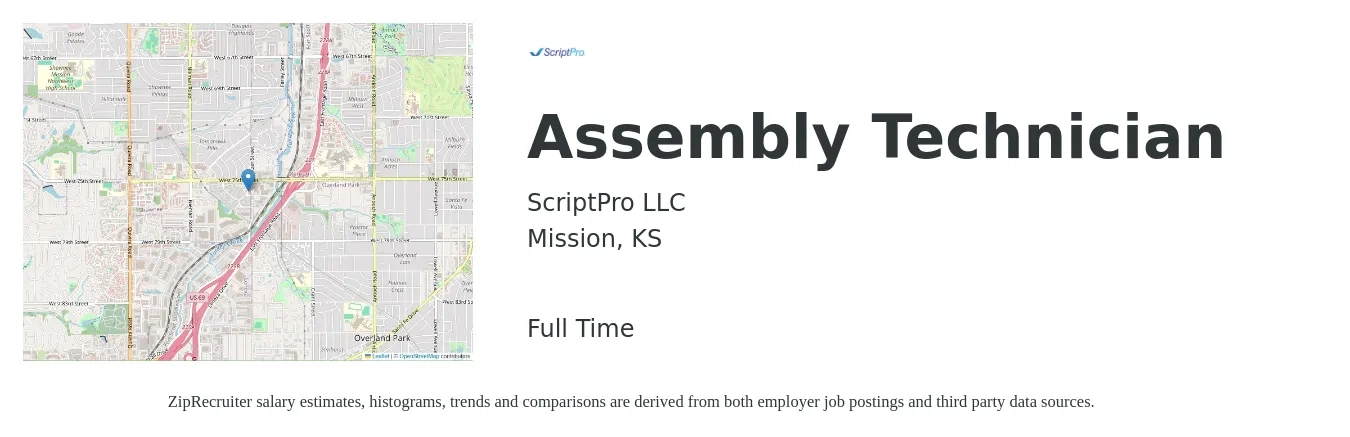 ScriptPro LLC job posting for a Assembly Technician in Mission, KS with a salary of $16 to $20 Hourly with a map of Mission location.