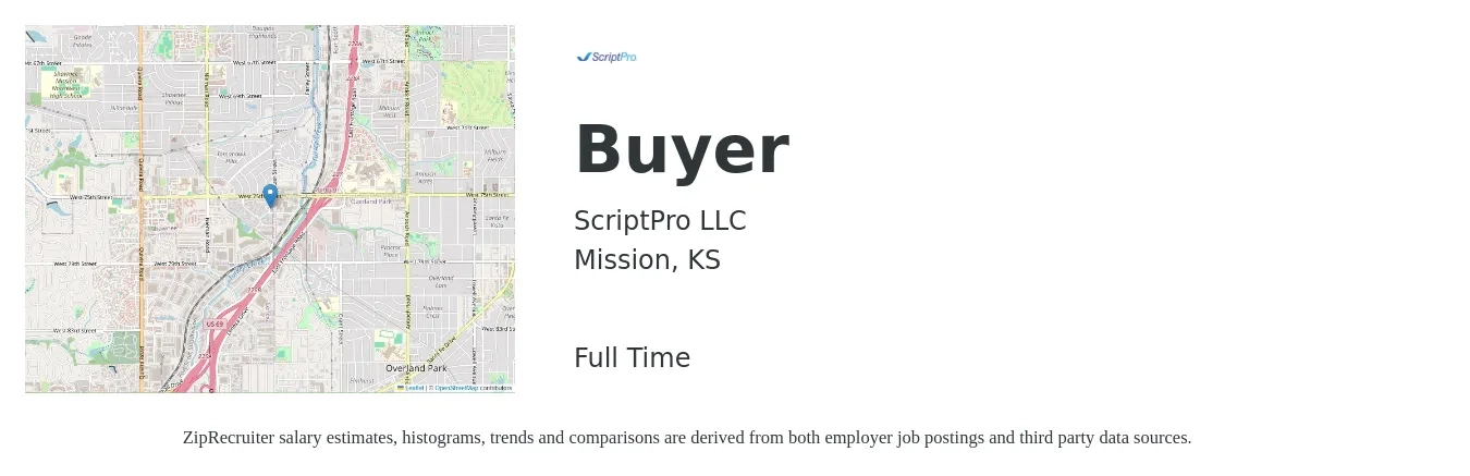 ScriptPro LLC job posting for a Buyer in Mission, KS with a salary of $51,300 to $73,700 Yearly with a map of Mission location.