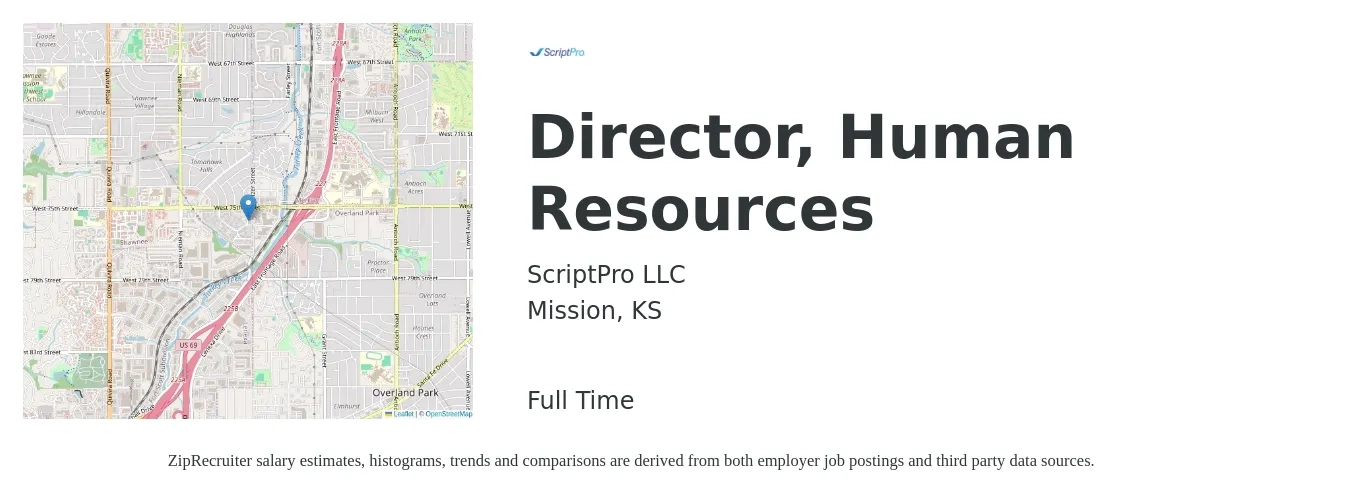 ScriptPro LLC job posting for a Director, Human Resources in Mission, KS with a salary of $82,600 to $127,400 Yearly with a map of Mission location.