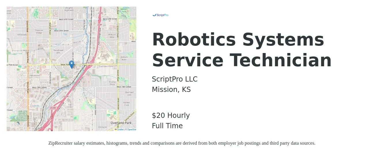ScriptPro LLC job posting for a Robotics Systems Service Technician in Mission, KS with a salary of $21 Hourly with a map of Mission location.