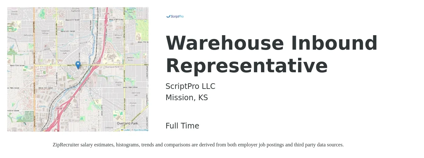 ScriptPro LLC job posting for a Warehouse Inbound Representative in Mission, KS with a salary of $16 to $18 Hourly with a map of Mission location.