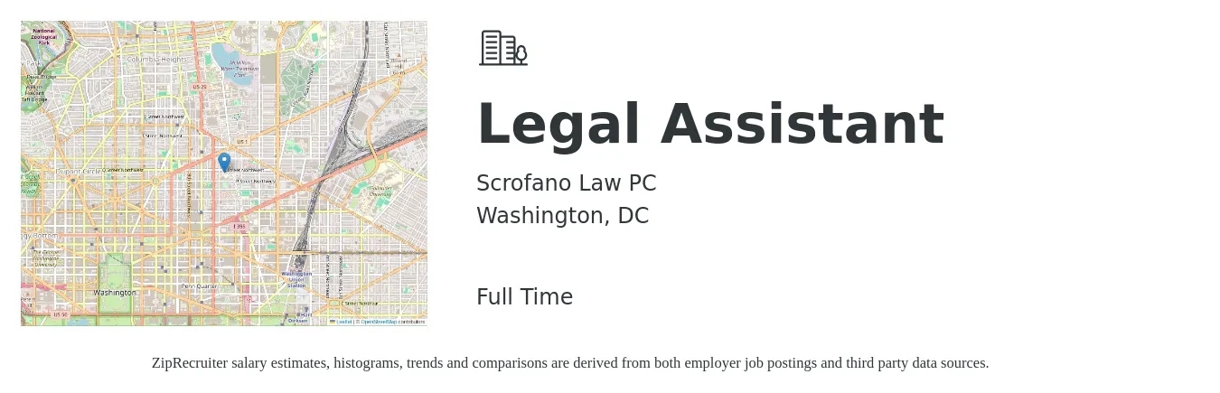 Scrofano Law PC job posting for a Legal Assistant in Washington, DC with a salary of $50,000 to $70,000 Yearly with a map of Washington location.