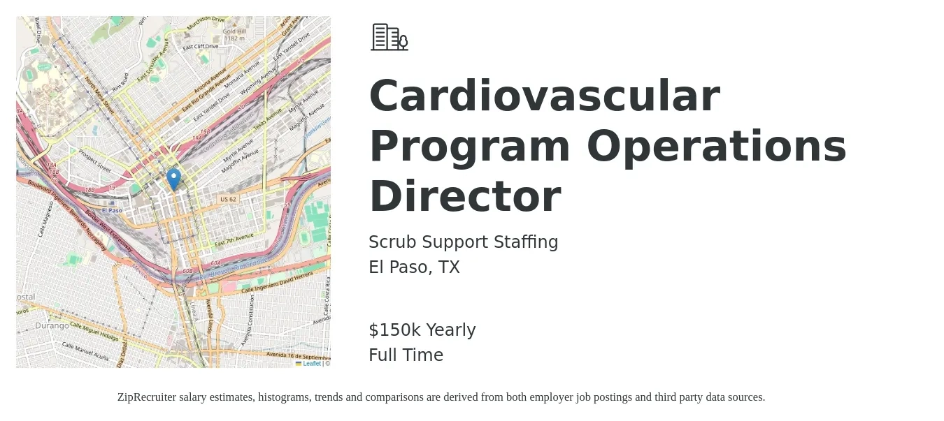 Scrub Support Staffing job posting for a Cardiovascular Program Operations Director in El Paso, TX with a salary of $150,000 Yearly with a map of El Paso location.