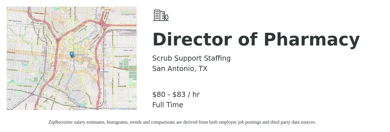 Scrub Support Staffing job posting for a Director of Pharmacy in San Antonio, TX with a salary of $84 to $87 Hourly with a map of San Antonio location.