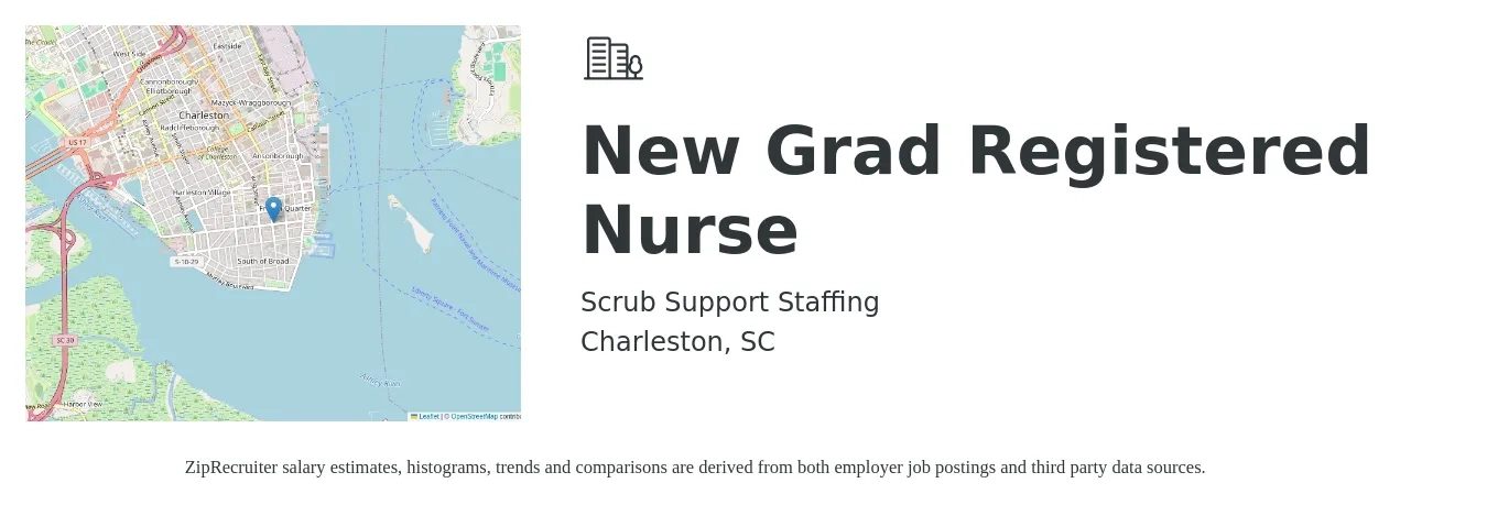 Scrub Support Staffing job posting for a New Grad Registered Nurse in Charleston, SC with a salary of $31 to $49 Hourly with a map of Charleston location.