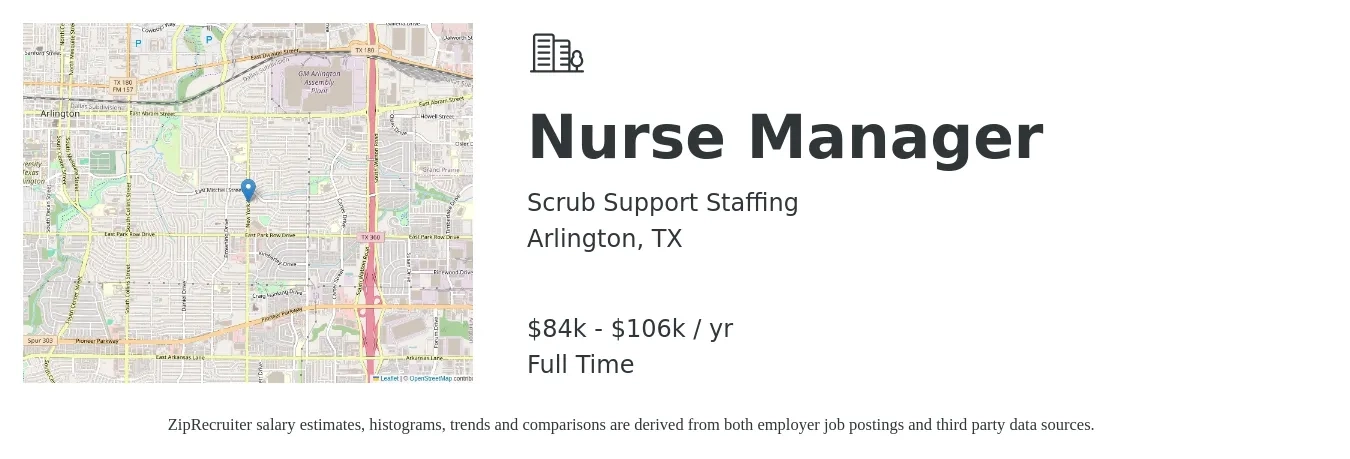 Scrub Support Staffing job posting for a Nurse Manager in Arlington, TX with a salary of $84,849 to $106,059 Yearly with a map of Arlington location.