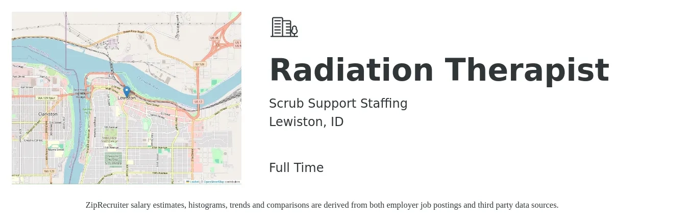 Scrub Support Staffing job posting for a Radiation Therapist in Lewiston, ID with a salary of $1,530 to $2,580 Weekly with a map of Lewiston location.