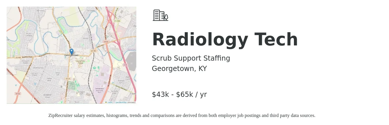 Scrub Support Staffing job posting for a Radiology Tech in Georgetown, KY with a salary of $43,000 to $65,000 Yearly with a map of Georgetown location.