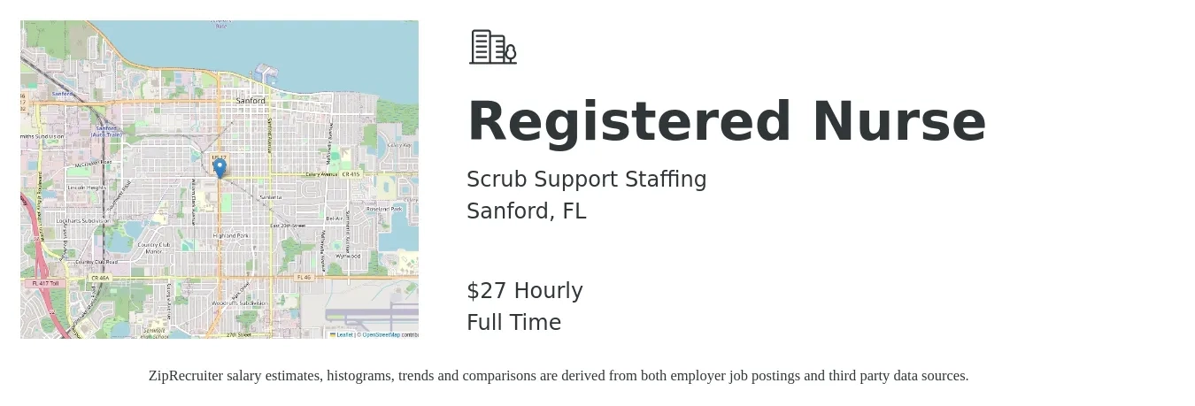 Scrub Support Staffing job posting for a Registered Nurse in Sanford, FL with a salary of $29 Hourly with a map of Sanford location.