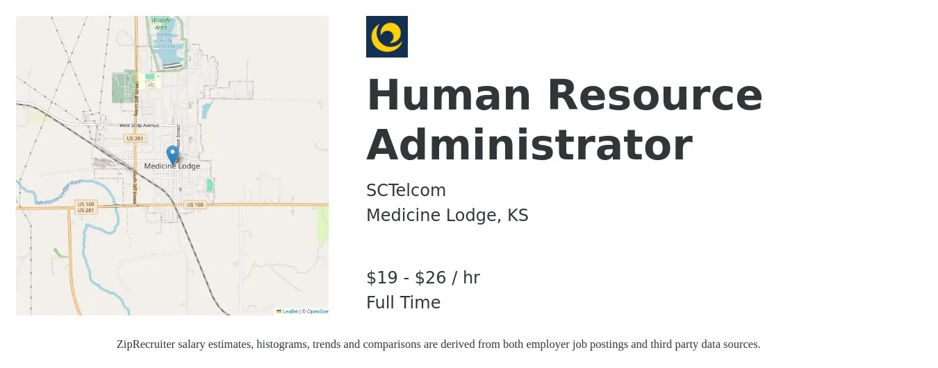 SCTelcom job posting for a Human Resource Administrator in Medicine Lodge, KS with a salary of $18 to $28 Hourly with a map of Medicine Lodge location.
