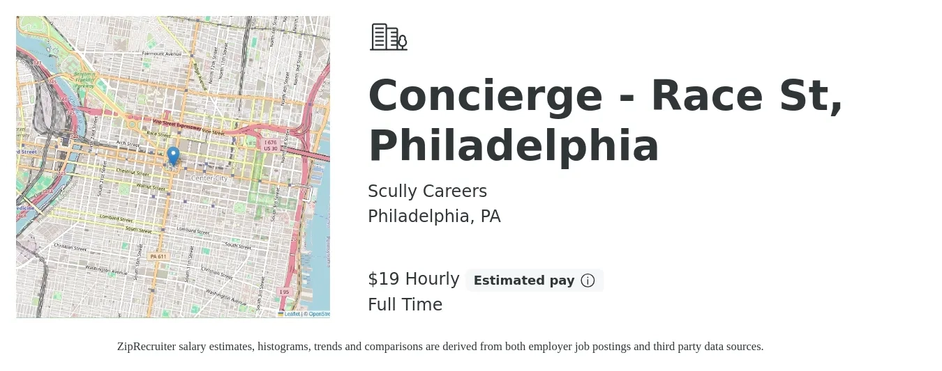Scully Careers job posting for a Concierge - Race St, Philadelphia in Philadelphia, PA with a salary of $20 Hourly with a map of Philadelphia location.