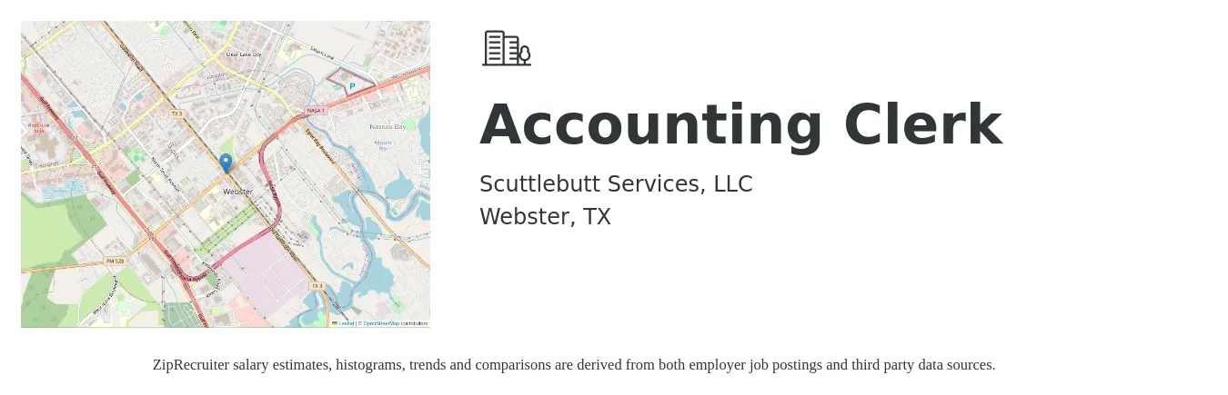 Scuttlebutt Services, LLC job posting for a Accounting Clerk in Webster, TX with a salary of $16 to $21 Hourly with a map of Webster location.