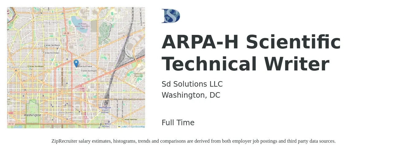 SD Solutions LLC job posting for a ARPA-H Scientific Technical Writer in Washington, DC with a salary of $34 to $56 Hourly with a map of Washington location.
