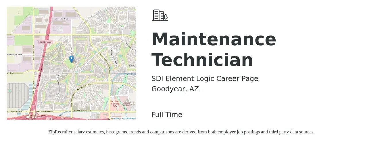 SDI Element Logic Career Page job posting for a Maintenance Technician in Goodyear, AZ with a salary of $19 to $26 Hourly with a map of Goodyear location.