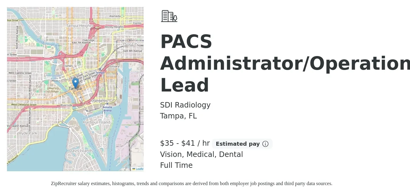 SDI Radiology job posting for a PACS Administrator/Operations Lead in Tampa, FL with a salary of $37 to $43 Hourly and benefits including vision, dental, life_insurance, medical, pto, and retirement with a map of Tampa location.
