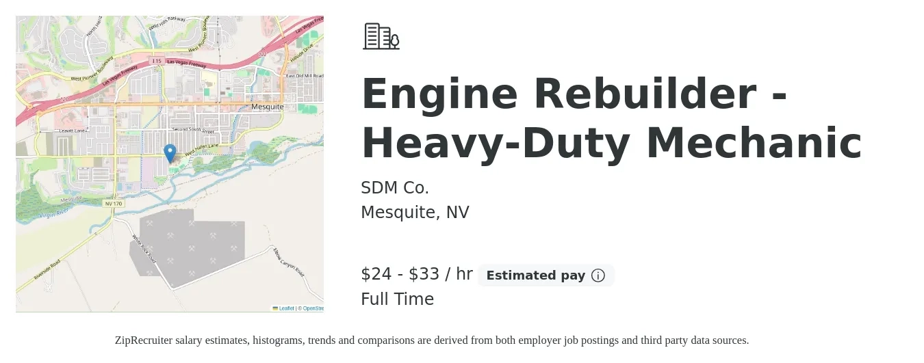 SDM Co. job posting for a Engine Rebuilder - Heavy-Duty Mechanic in Mesquite, NV with a salary of $25 to $35 Hourly with a map of Mesquite location.