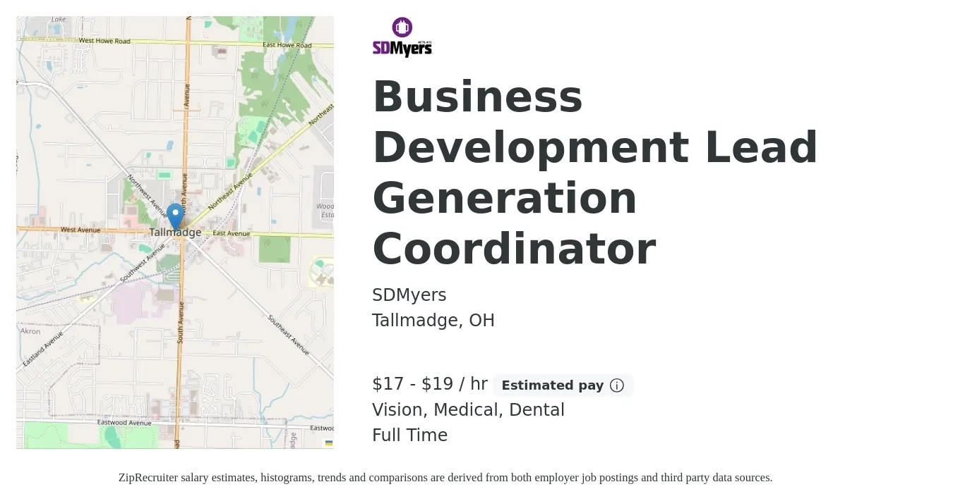 SDMyers job posting for a Business Development Lead Generation Coordinator in Tallmadge, OH with a salary of $18 to $20 Hourly and benefits including vision, dental, life_insurance, medical, and retirement with a map of Tallmadge location.