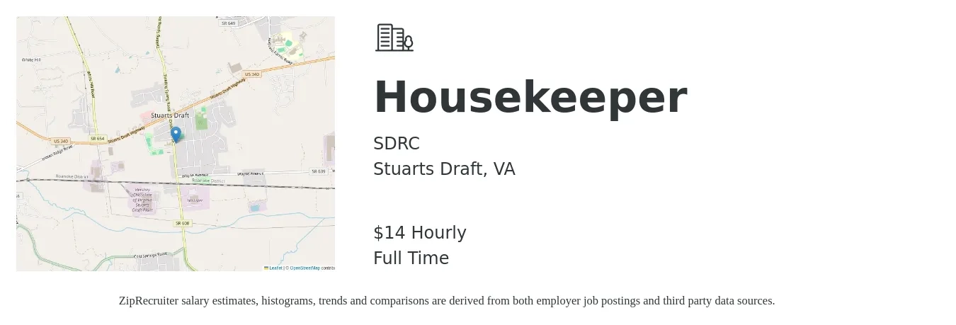 SDRC job posting for a Housekeeper in Stuarts Draft, VA with a salary of $15 to $16 Hourly with a map of Stuarts Draft location.