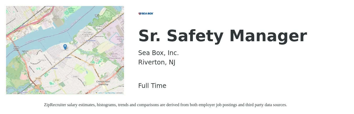 Sea Box, Inc. job posting for a Sr. Safety Manager in Riverton, NJ with a salary of $74,200 to $111,500 Yearly with a map of Riverton location.