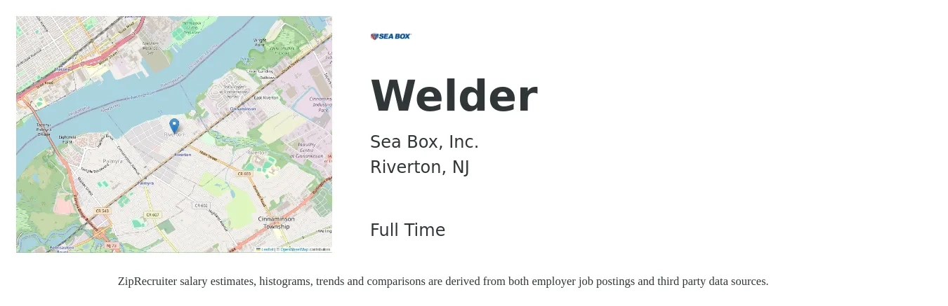 Sea Box, Inc. job posting for a Welder in Riverton, NJ with a salary of $19 to $25 Hourly with a map of Riverton location.