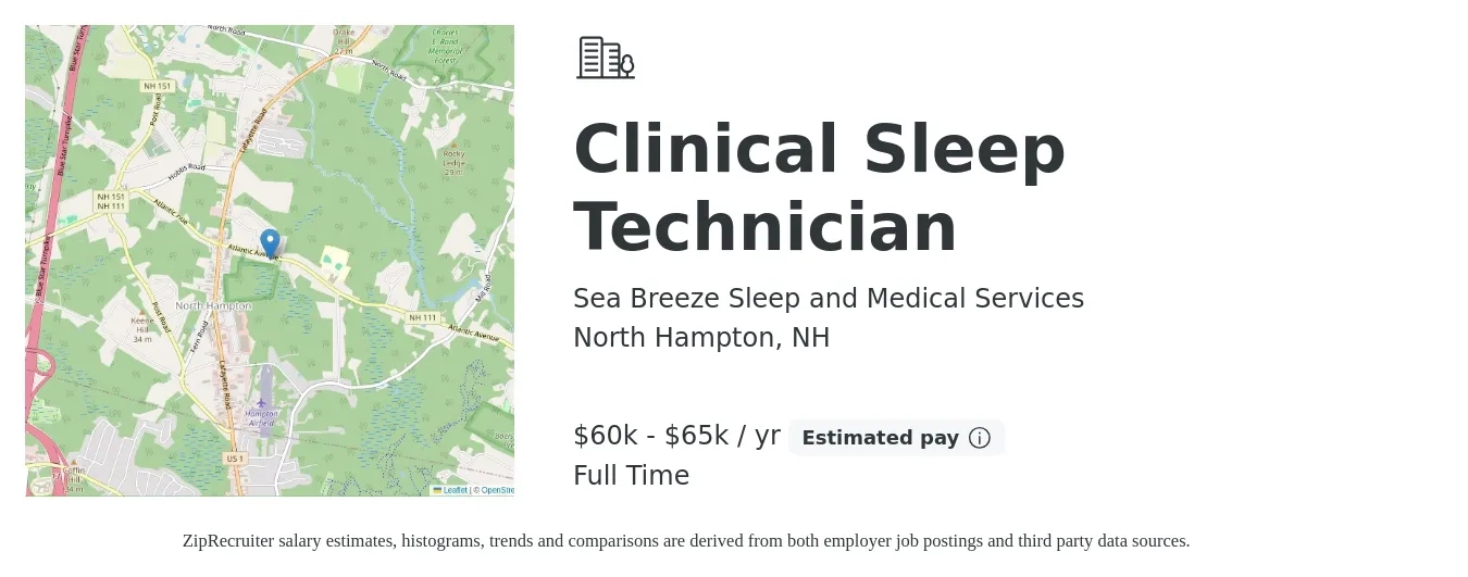 Sea Breeze Sleep and Medical Services job posting for a Clinical Sleep Technician in North Hampton, NH with a salary of $60,000 to $65,000 Yearly with a map of North Hampton location.